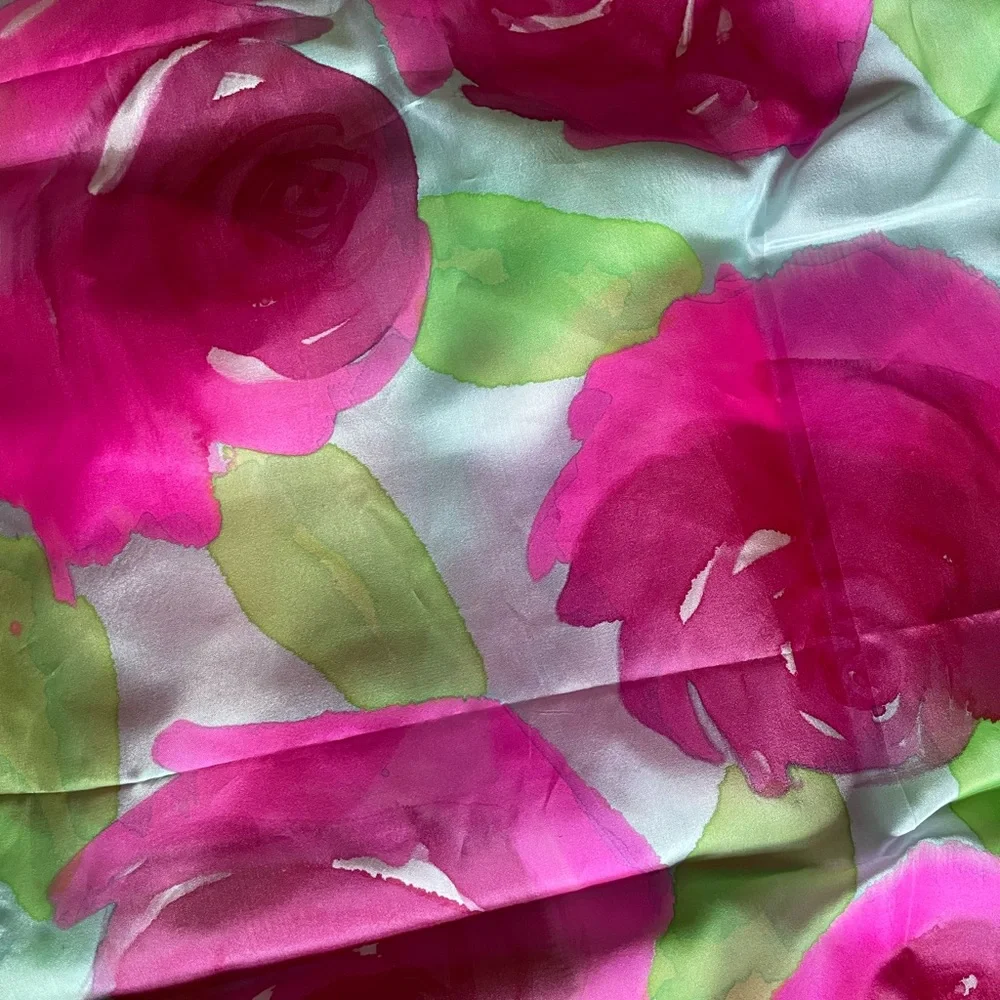 NWOT Hand Printed Floral Pink, Light Blue, and Green Scarf